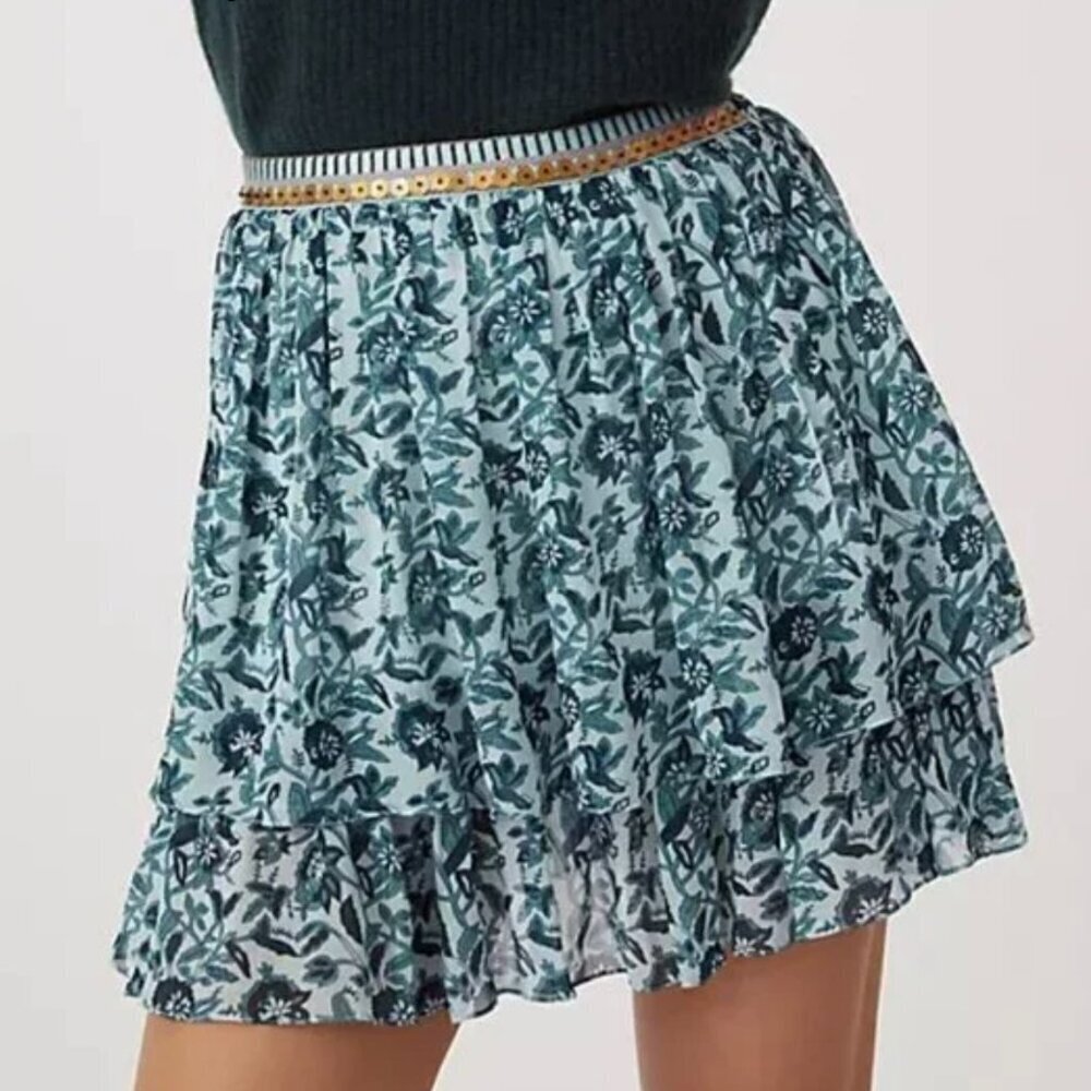 NWT Anthropologie Nikasha Embroidered Tiered Mini Skirt In Motif Blue M